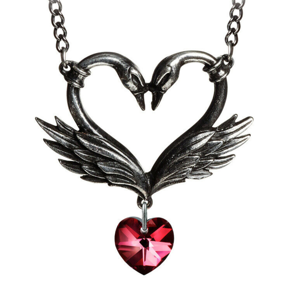 Swan Heart Necklace Pendant Womens Pewter Crystal